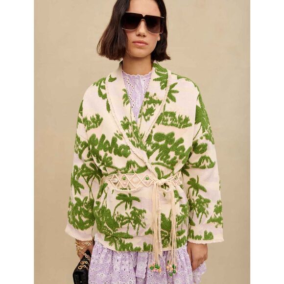 Maje Maloas Imprime Macrame Aloha Beige Belted Cardigan Jacket NEW - Picture 2 of 11